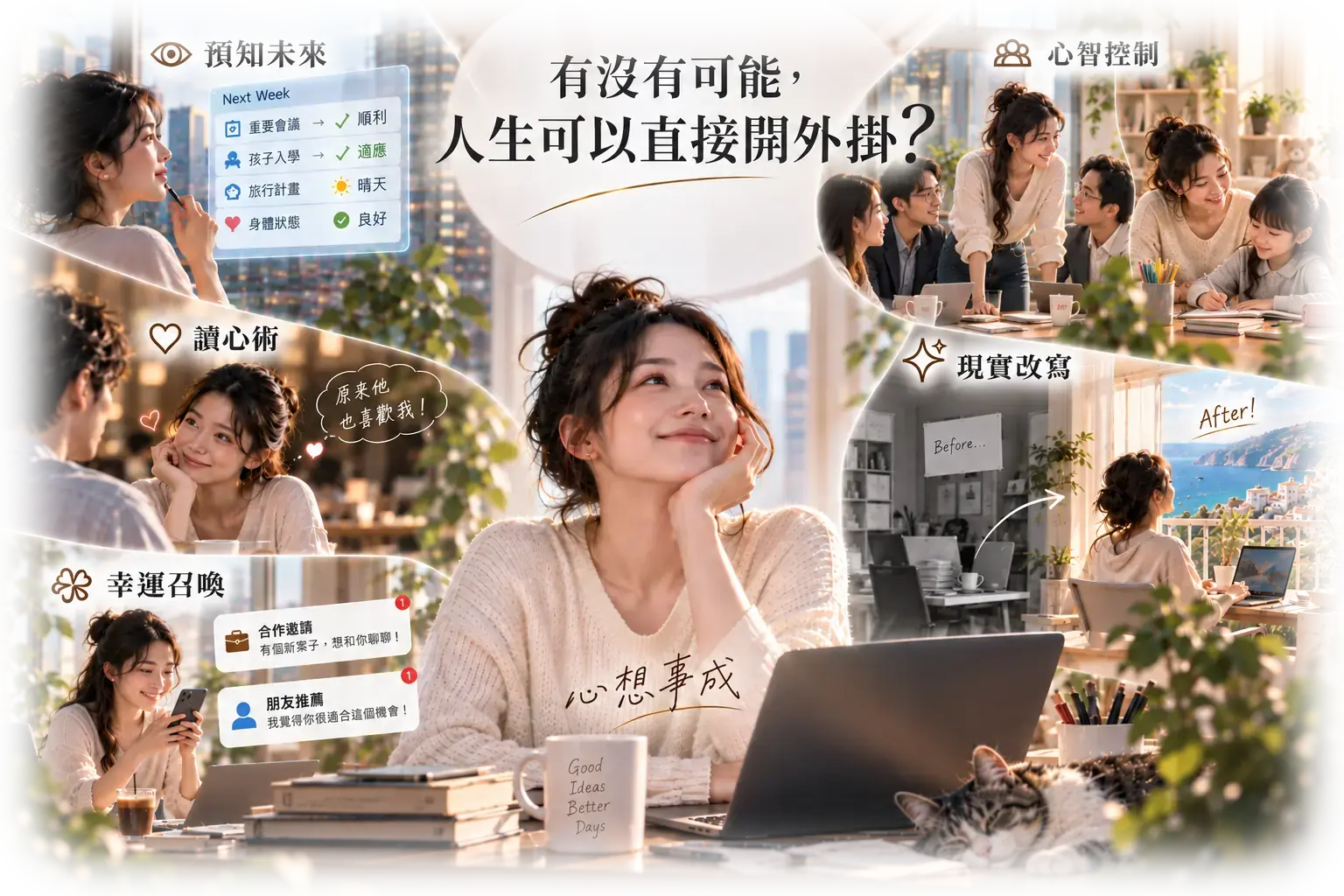 有沒有可能，人生可以直接開外掛？畫面呈現預知未來、讀心術、幸運召喚、心智控制與現實改寫五種想像中的超能力